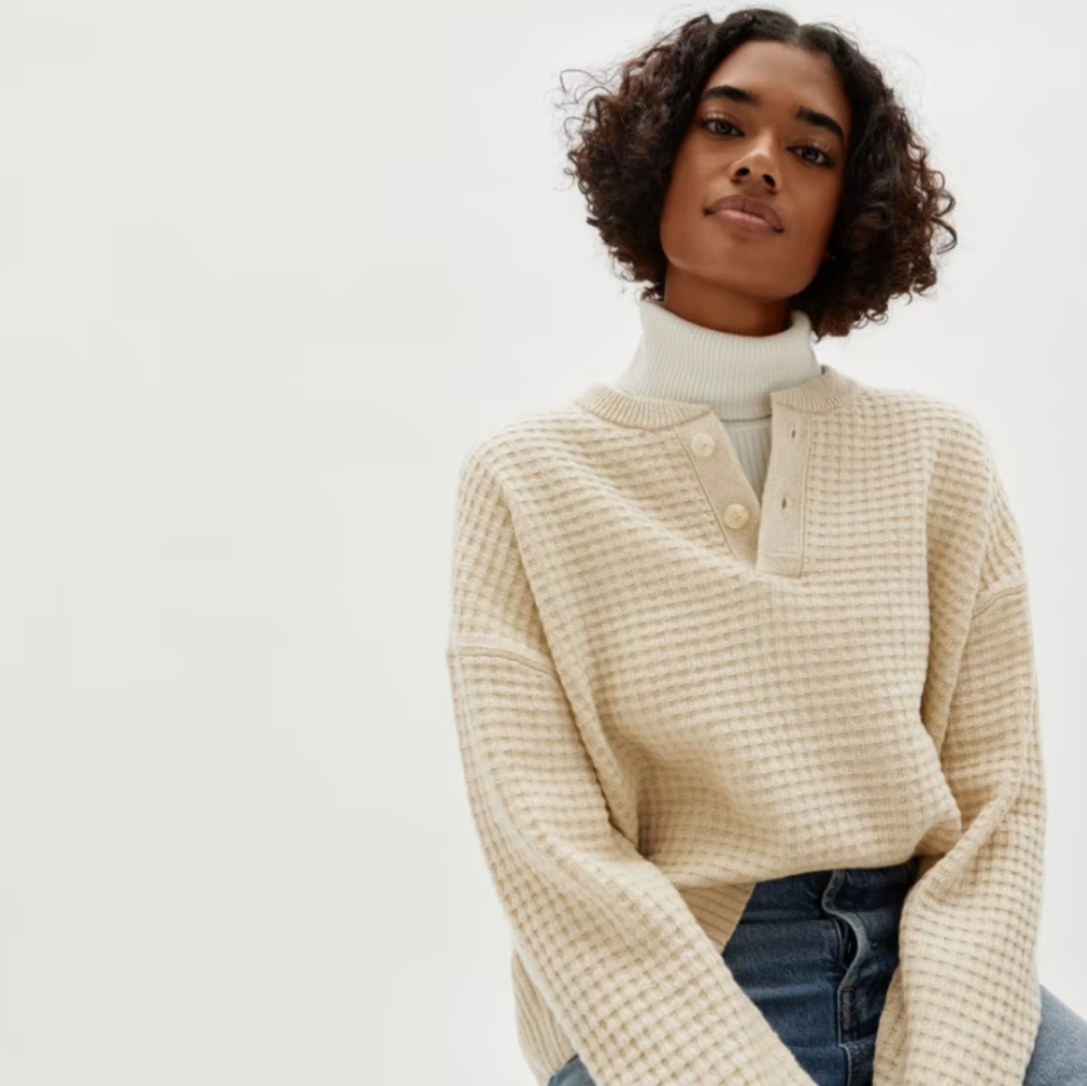 Everlane Belgian Waffle Recashmere Henley in Canvas XXS NWOT - Picture 1 of 14